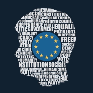 Head of man filled by word cloud. Words related to politics, government, parliamentary democracy and political life. Flag of the European Union